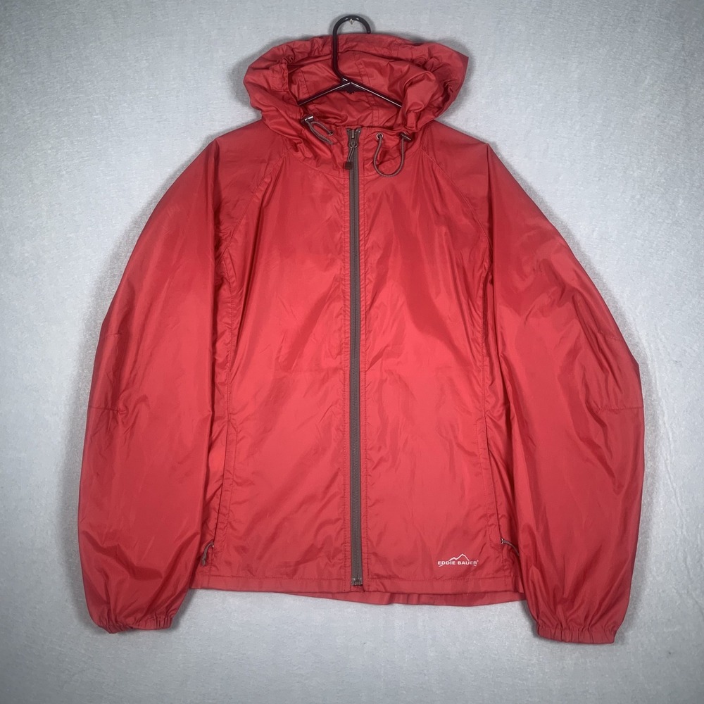 Eddie Bauer Windbreaker Jacket Womens L Red Mesh Lined Hooded Full Zip Outdoor